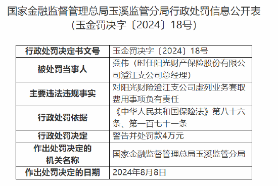 阳光财险澄江支公司被罚20万元：虚列业务套取费用