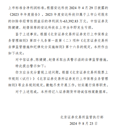 中信证券因保荐的安达科技上市当年即亏损6.34亿元 被北交所出具警示函