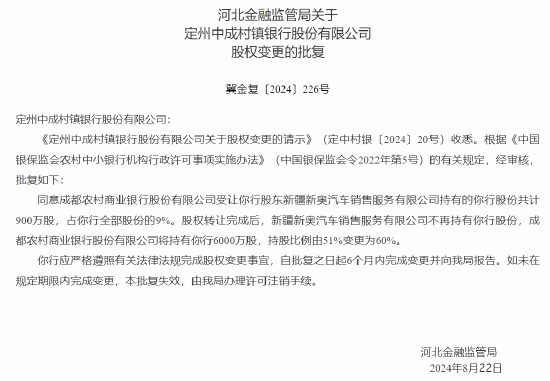 成都农商行增持旗下8家村镇银行 持股比例均由51%变更为60%