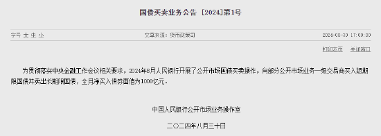 央行：2024年8月开展了公开市场国债买卖操作 全月净买入债券面值为1000亿元