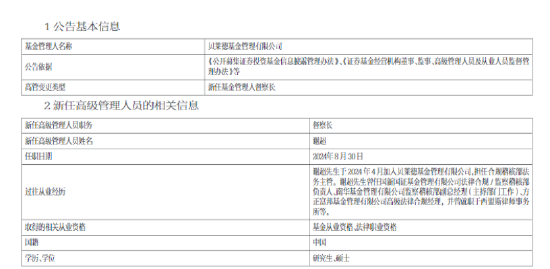 贝莱德基金新任谢超为督察长 曾任方正富邦基金法律合规经理