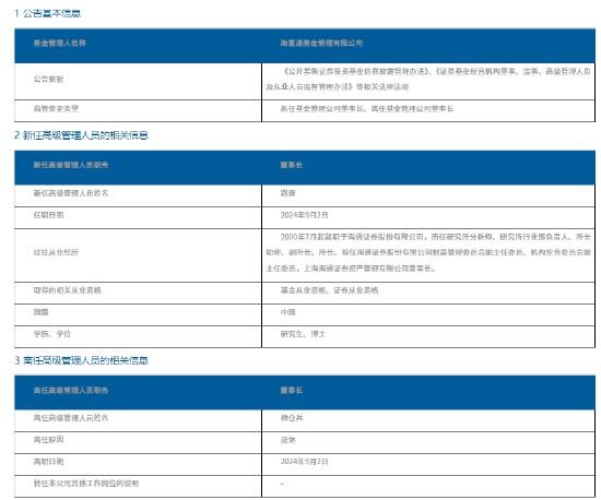 海富通基金高管变更：杨仓兵因退休离任 新任路颖为董事长