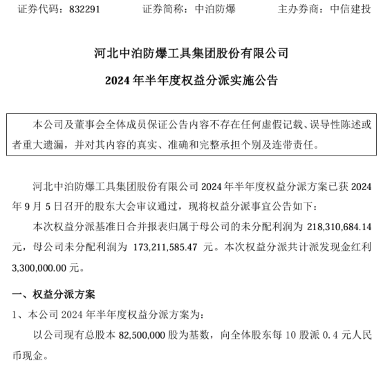 中泊防爆2024年半年度权益分派每10股派现0.4元 共计派发现金红利330万