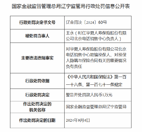 华夏人寿北京电话销售中心被罚5万元：因欺骗投保人